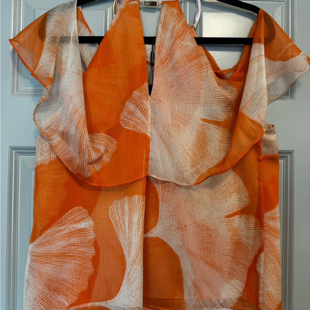 H by Halston Orange and White Floral Blouse